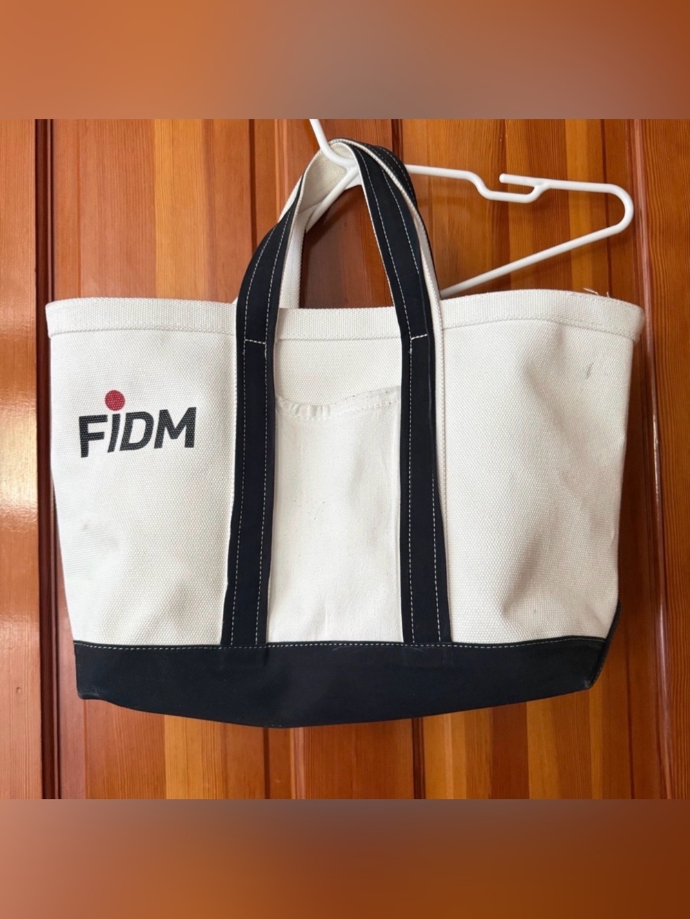 FIDM Tote Bag Unisex Large White Black Good Canvas Zipper Shoulder Strap Logo